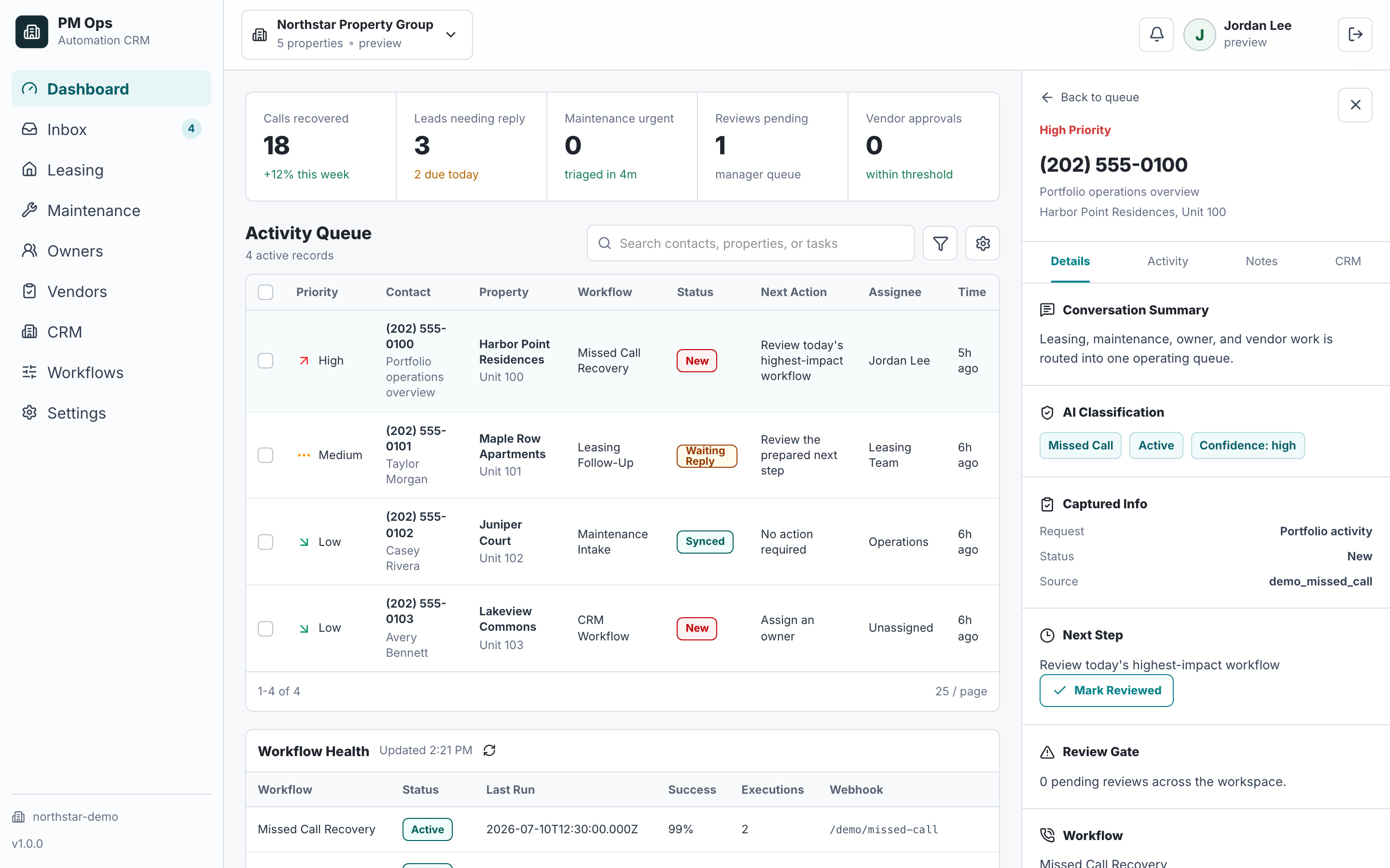 PM Ops executive operations dashboard with fictional portfolio data.