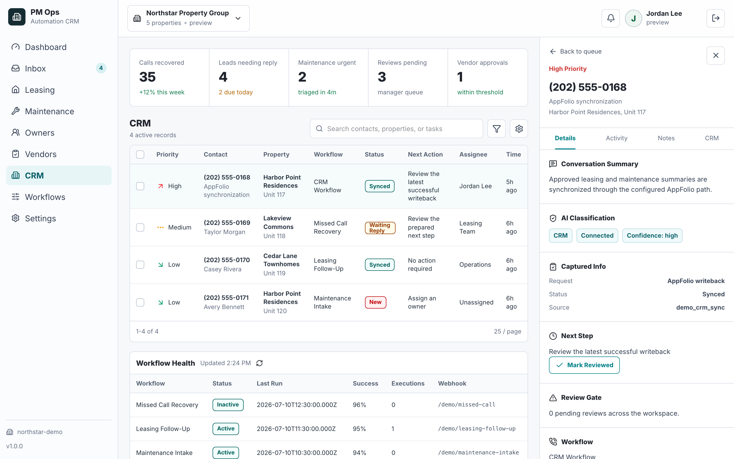 PM Ops AppFolio synchronization with fictional workflow writeback data.