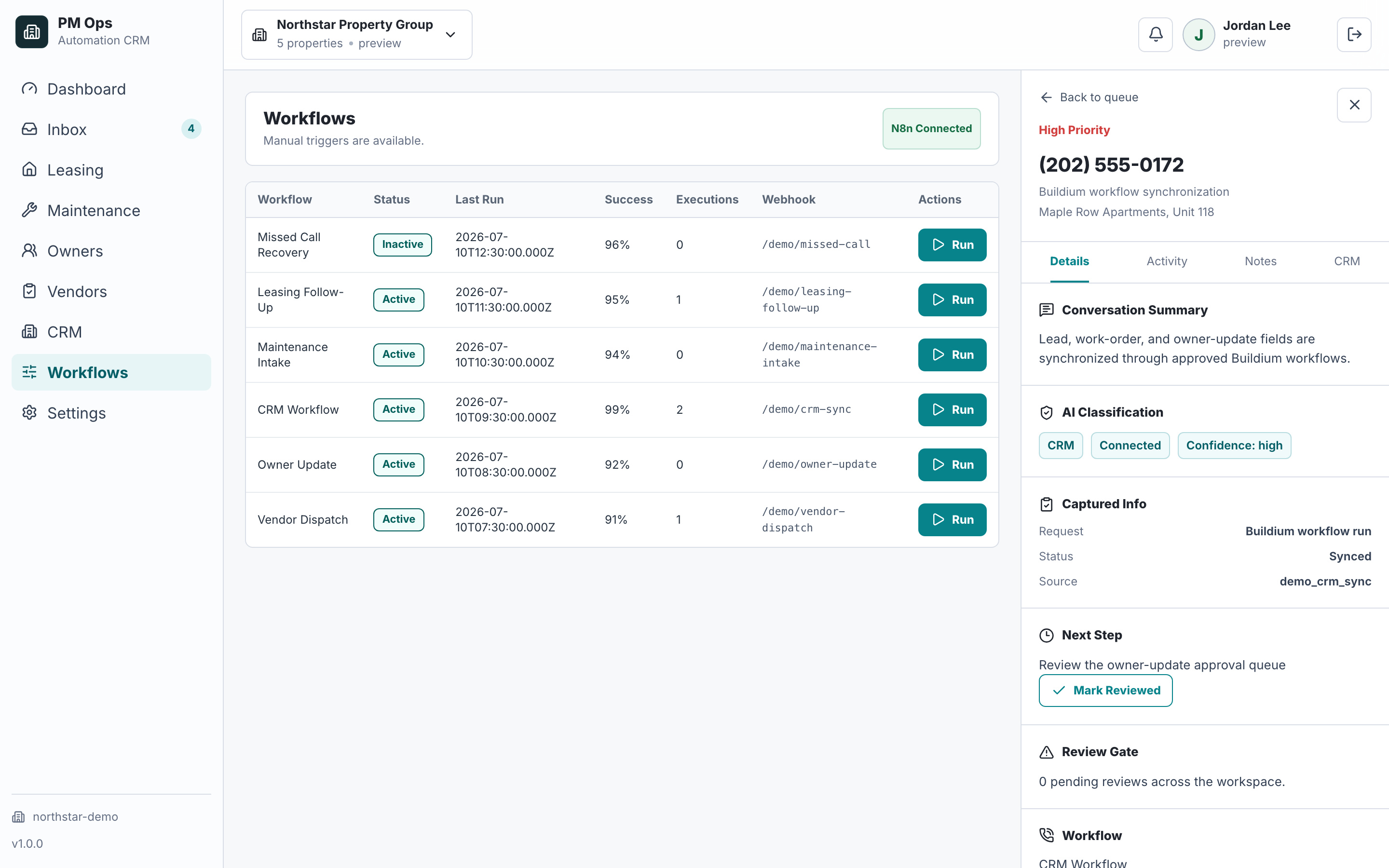 PM Ops Buildium synchronization with fictional lead, work-order, and owner-update data.