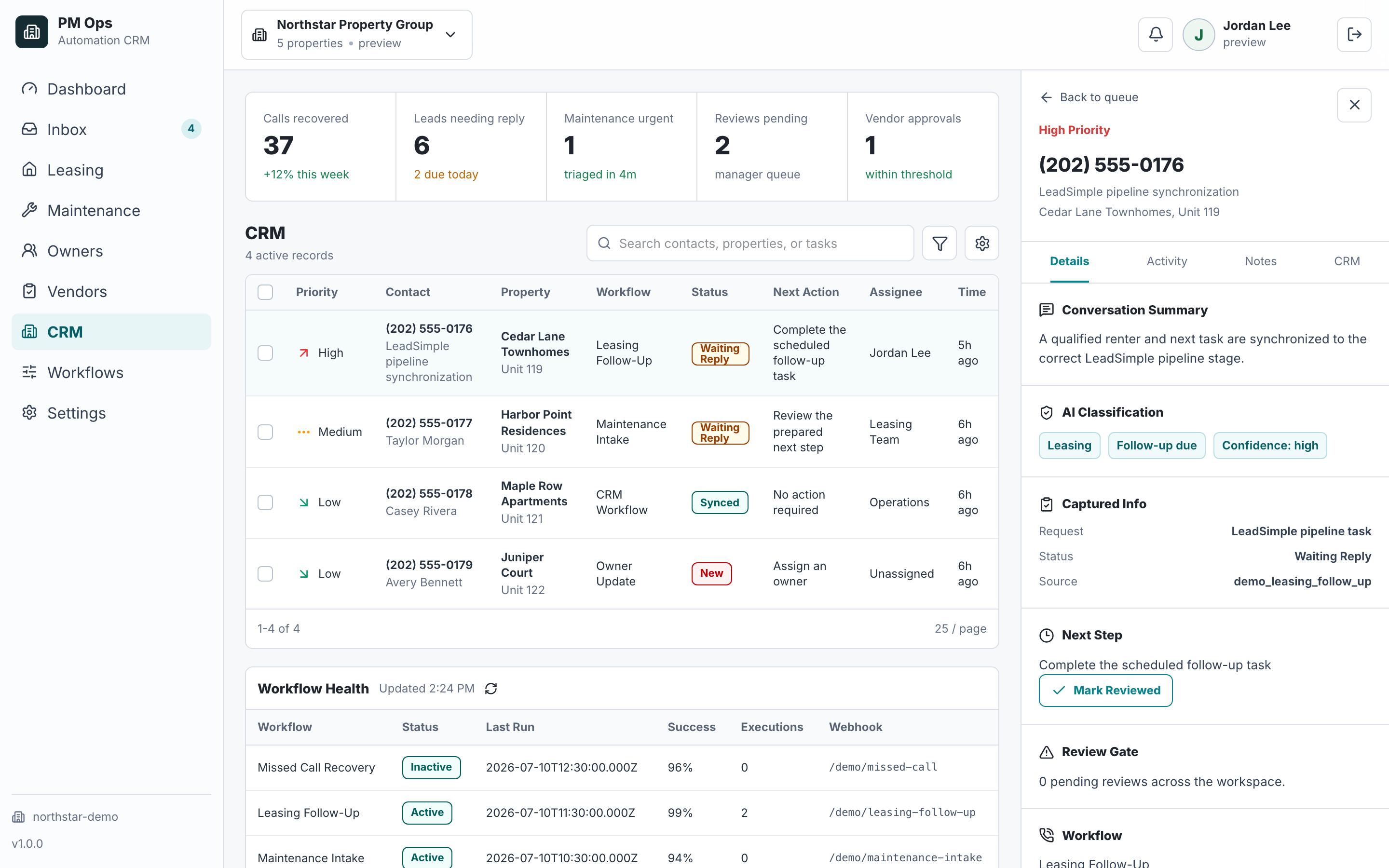 PM Ops LeadSimple pipeline synchronization with fictional follow-up task data.