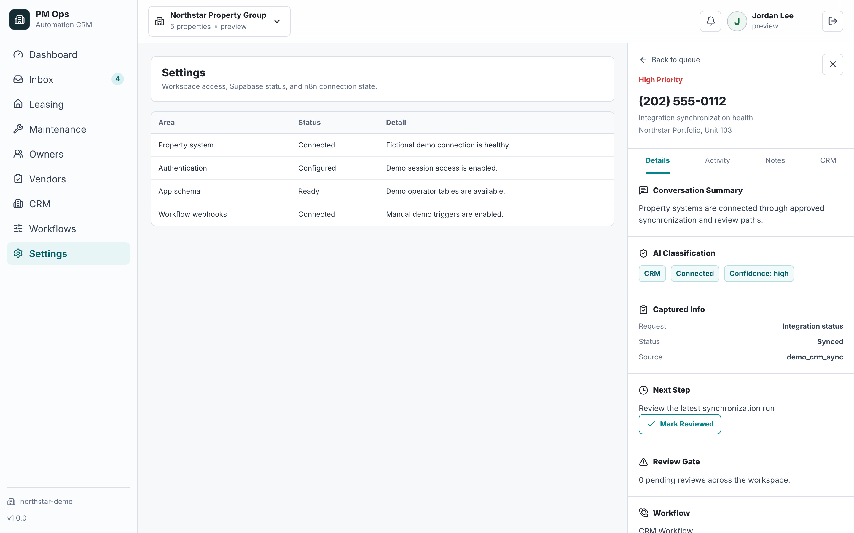 PM Ops integration connection health with fictional system data.