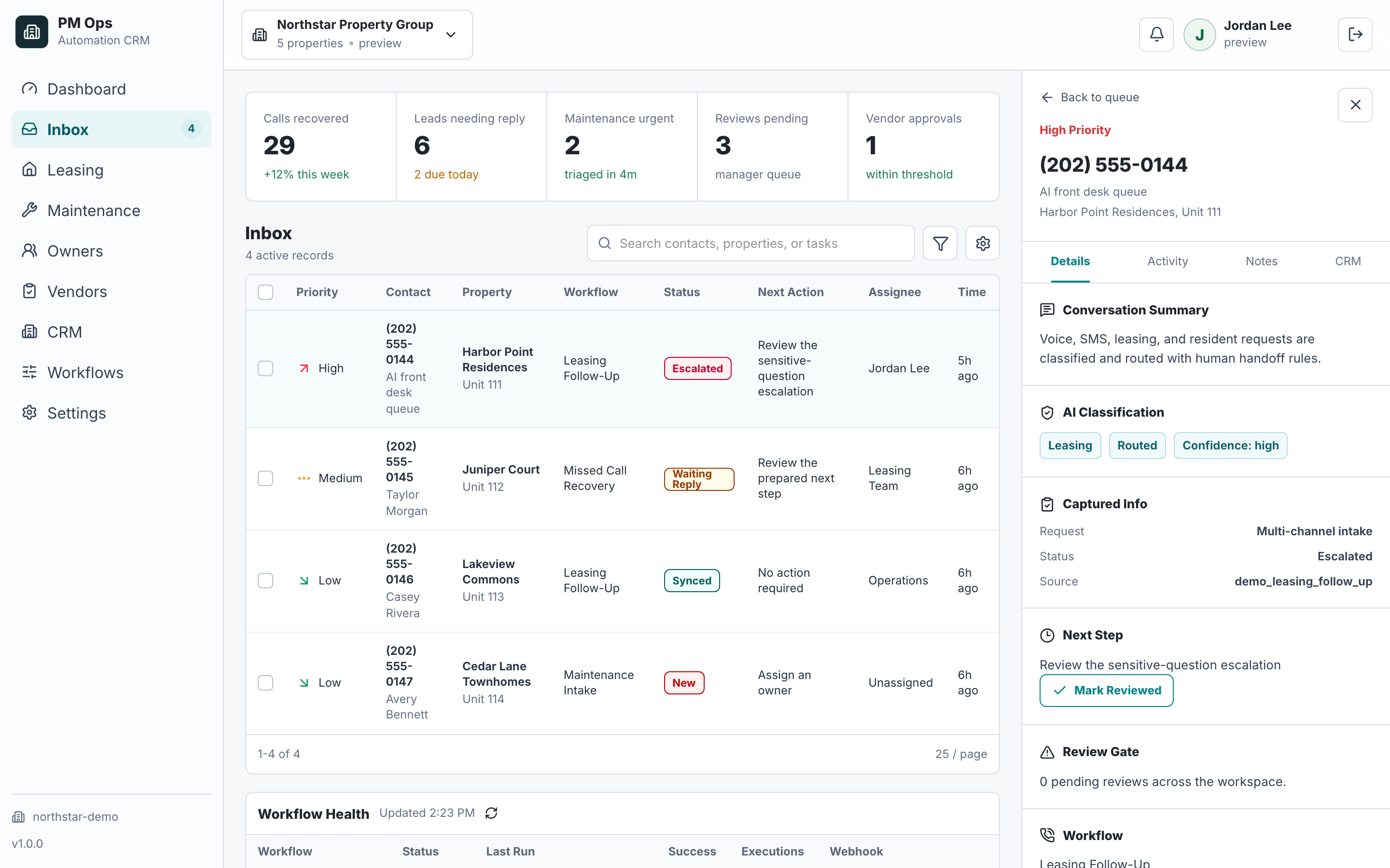 PM Ops AI front-desk queue with fictional leasing and resident conversations.