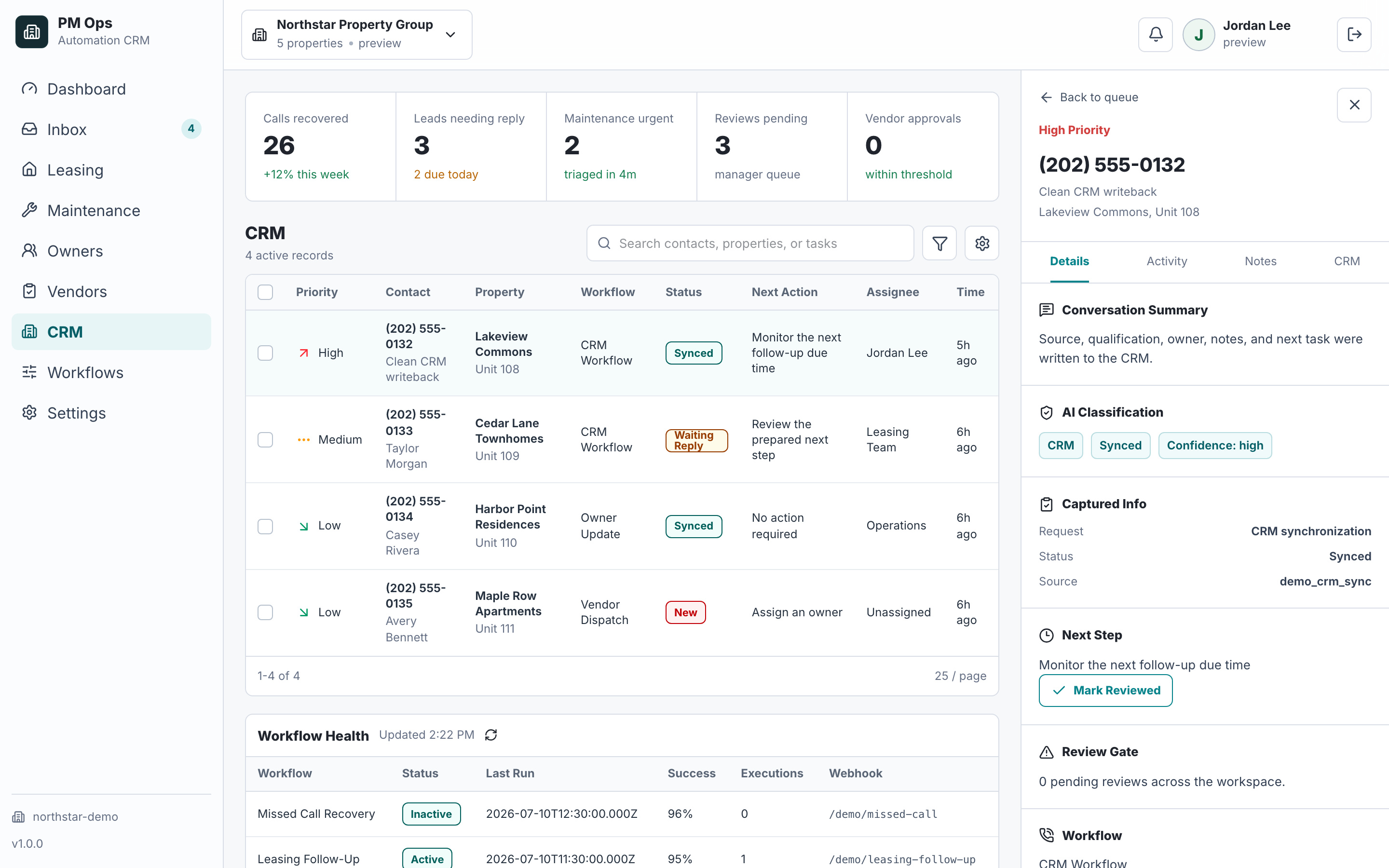 PM Ops CRM synchronization queue with fictional ownership and next-step data.