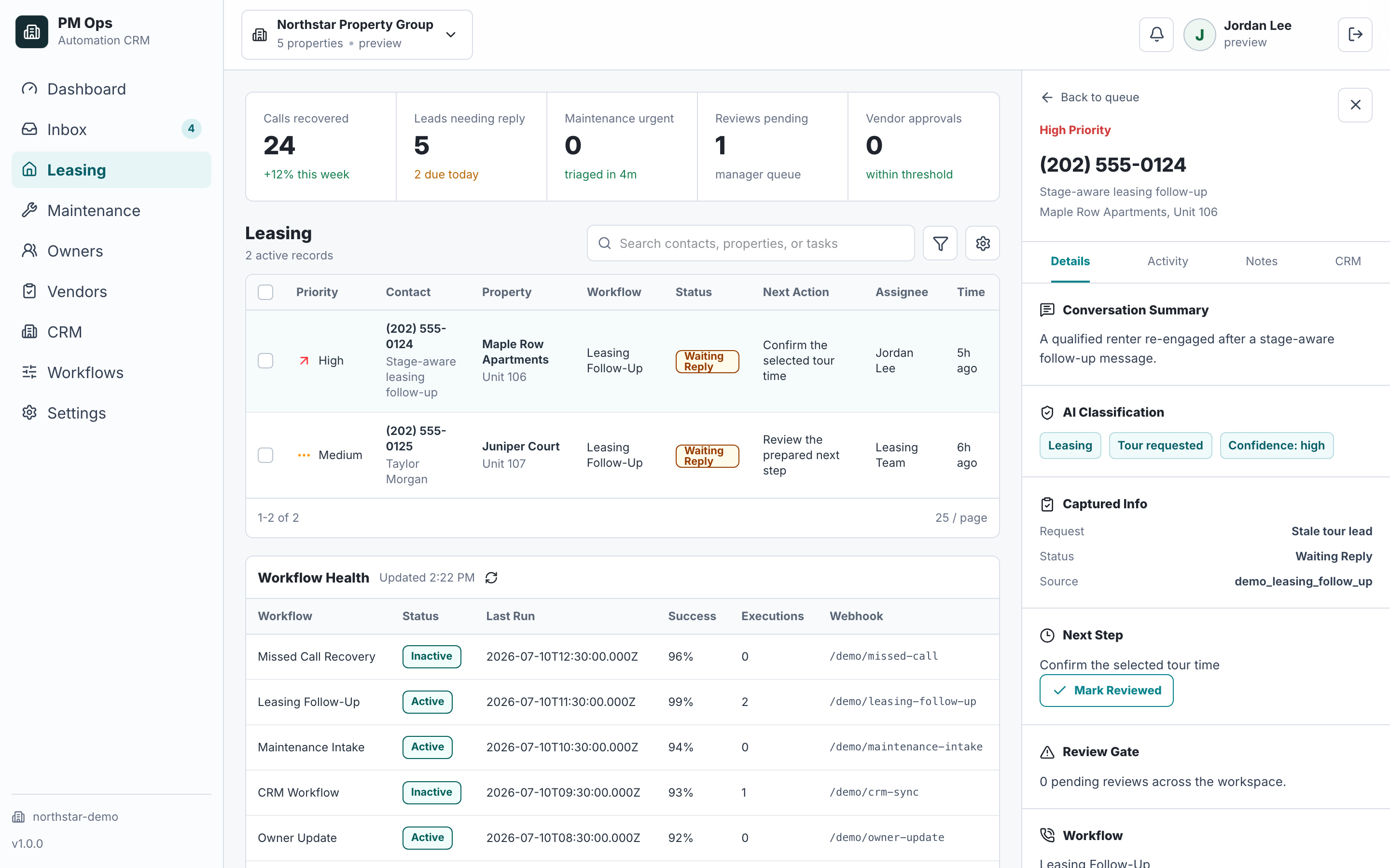 PM Ops stage-aware leasing follow-up with fictional renter and tour data.