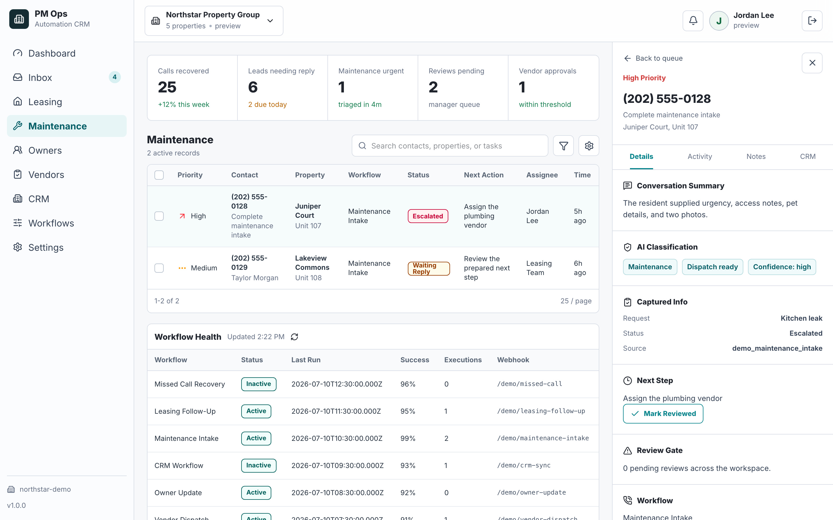 PM Ops maintenance intake with fictional urgency, access, and routing data.