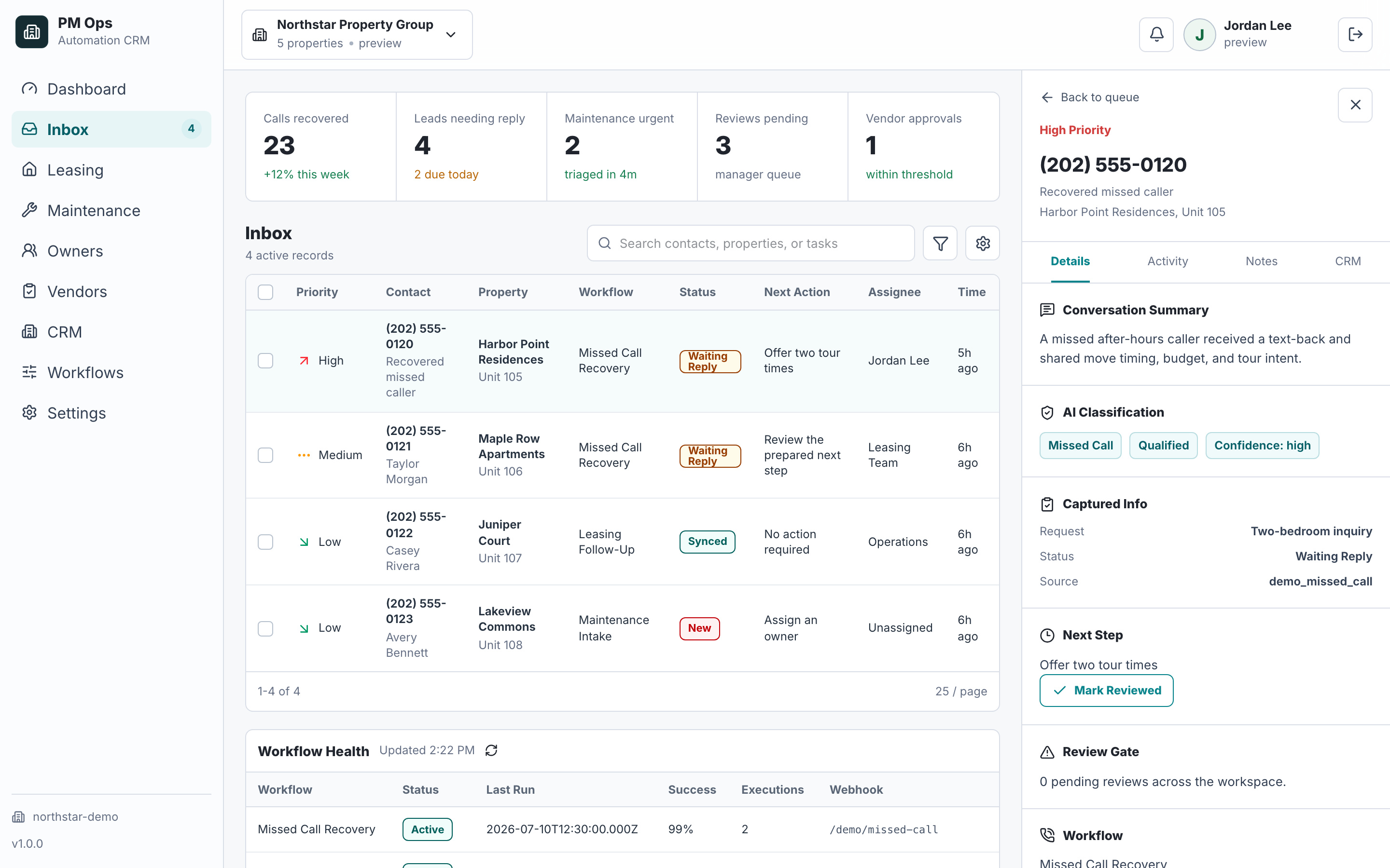 PM Ops missed-call recovery queue with fictional renter qualification data.