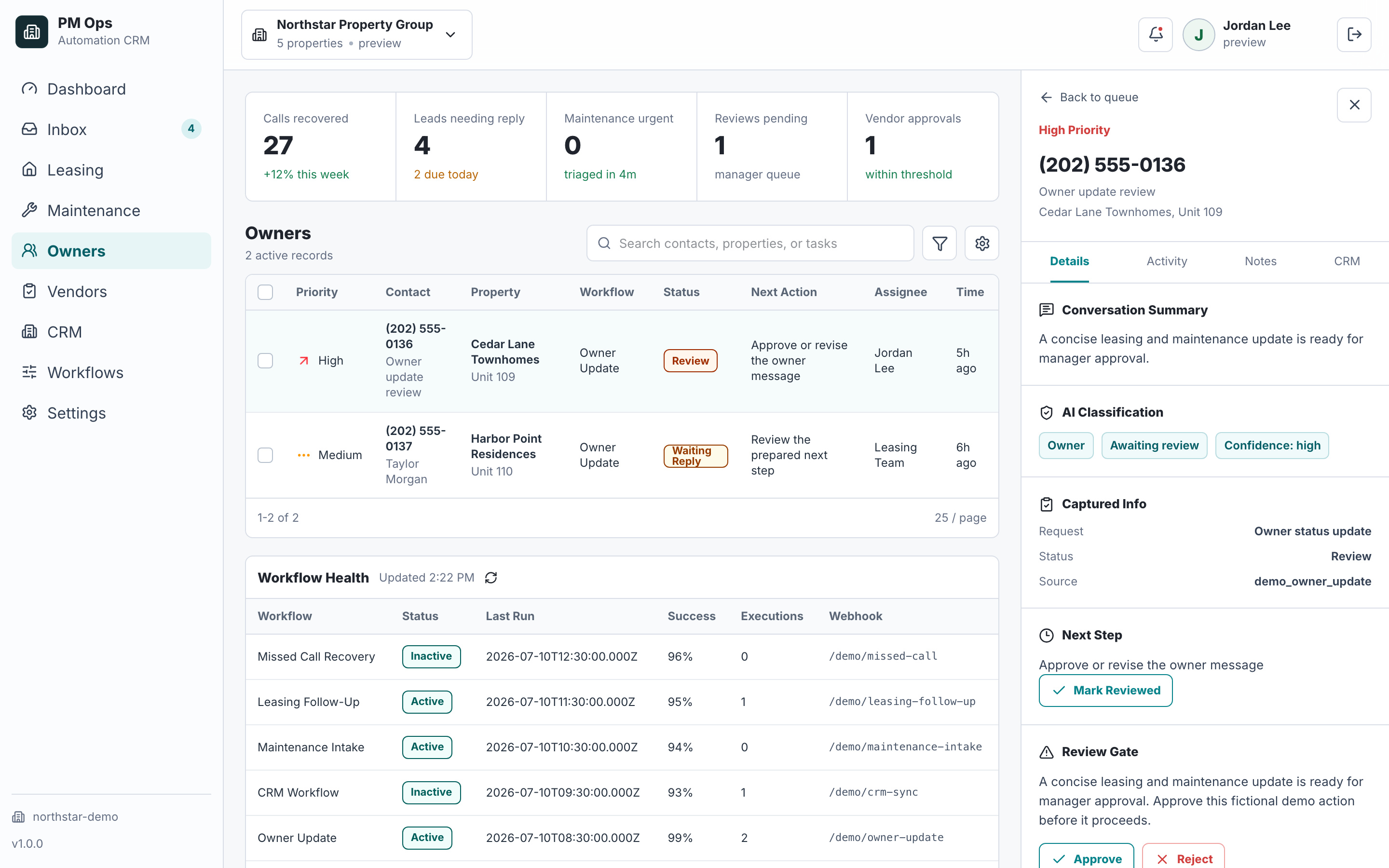 PM Ops owner-update review gate with fictional property and message data.