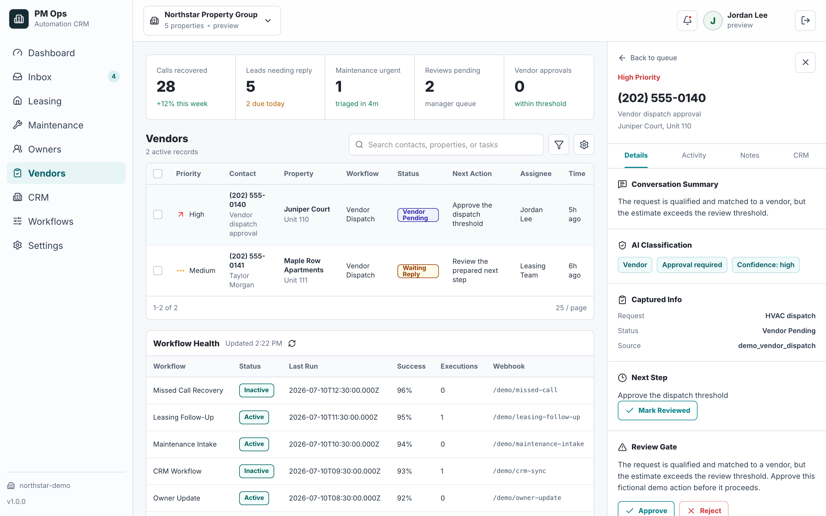 PM Ops vendor dispatch approval with fictional work-order and threshold data.