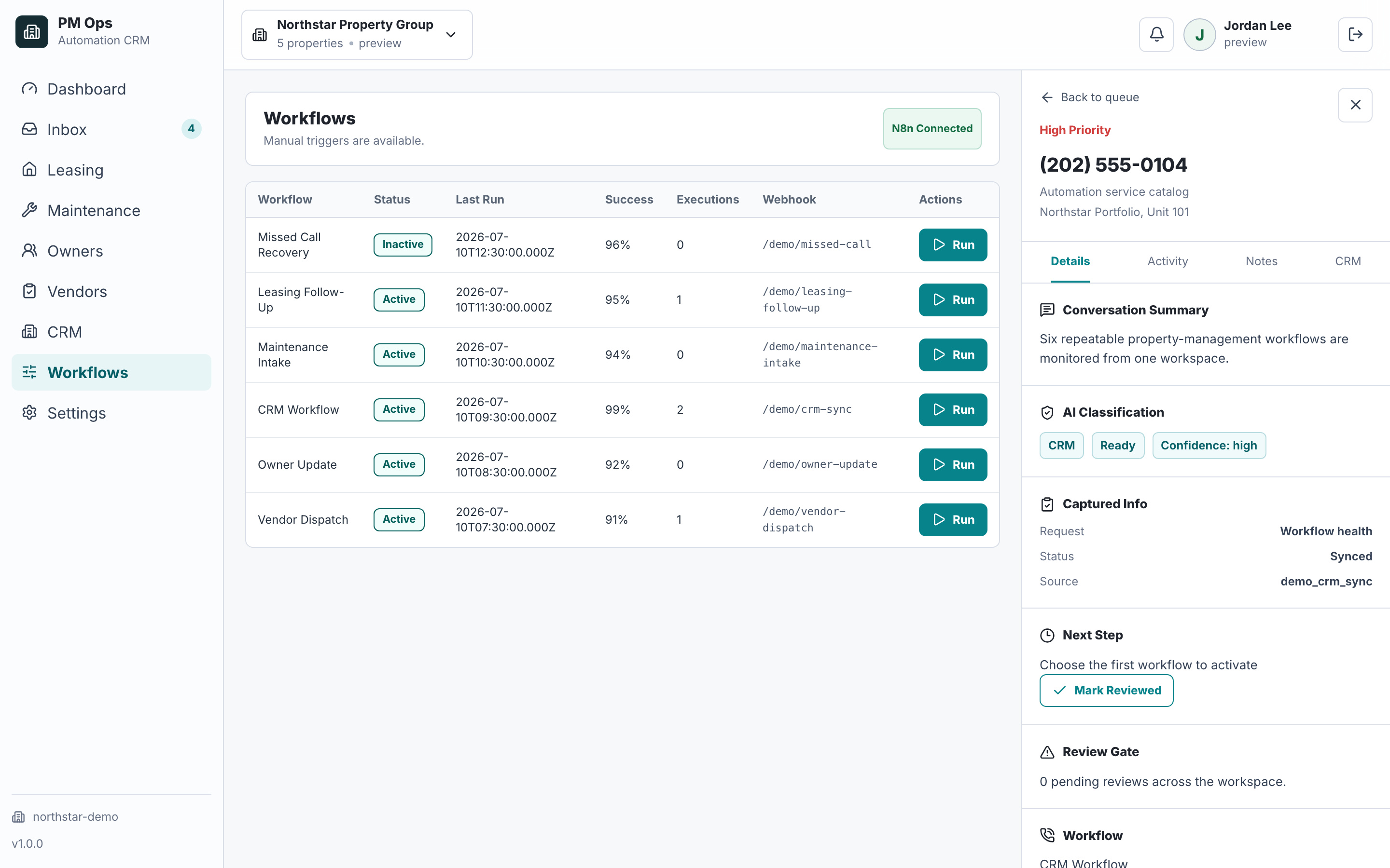 PM Ops automation workflow catalog with fictional service data.
