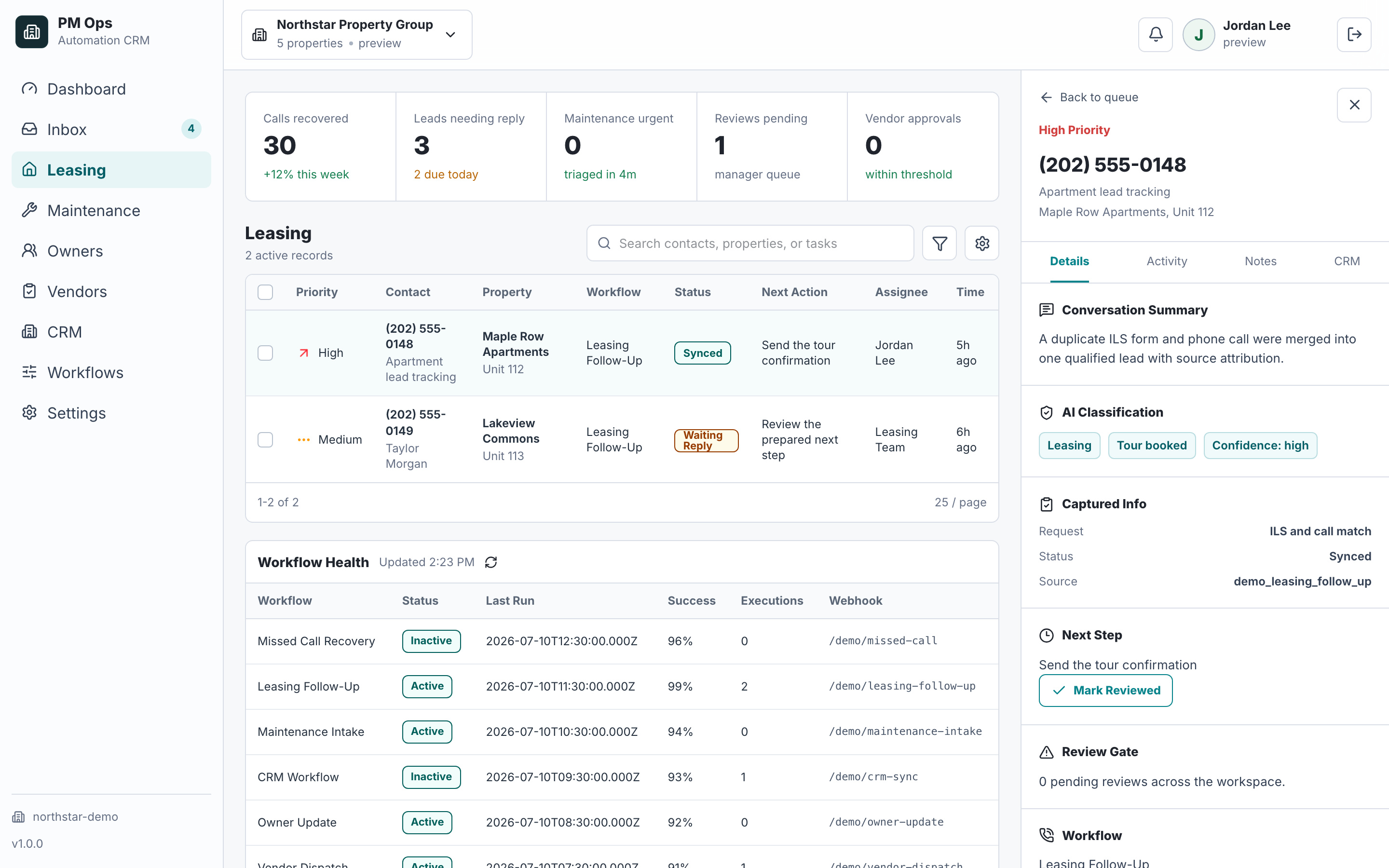 PM Ops apartment lead tracking with fictional source, qualification, and tour data.