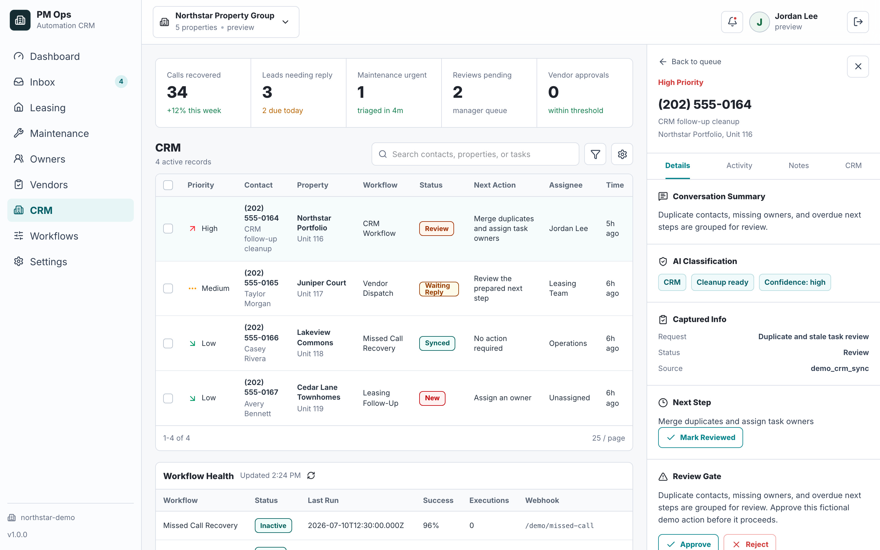 PM Ops CRM cleanup queue with fictional duplicate, owner, and stale-task data.