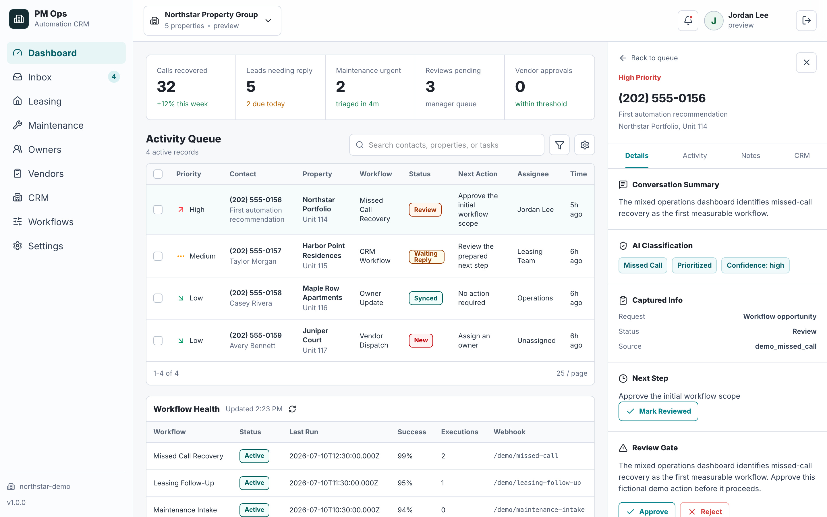 PM Ops operations dashboard with a fictional first-automation recommendation.