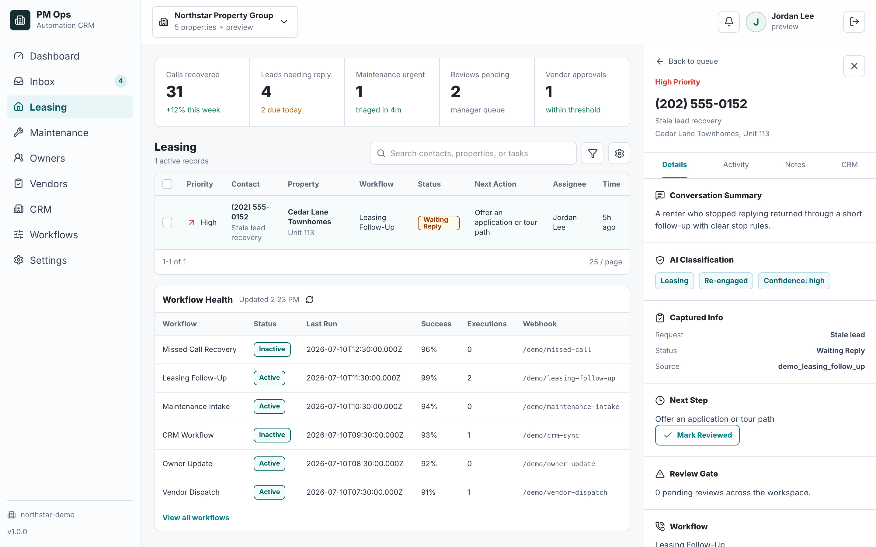 PM Ops stale-lead recovery workflow with fictional follow-up and stop-rule data.