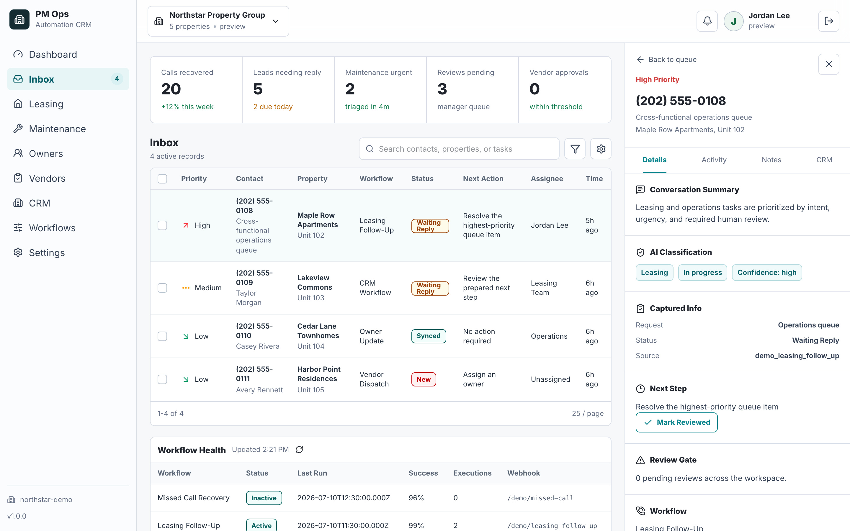 PM Ops cross-functional queue with fictional resident, owner-update, and vendor-dispatch workflow data.