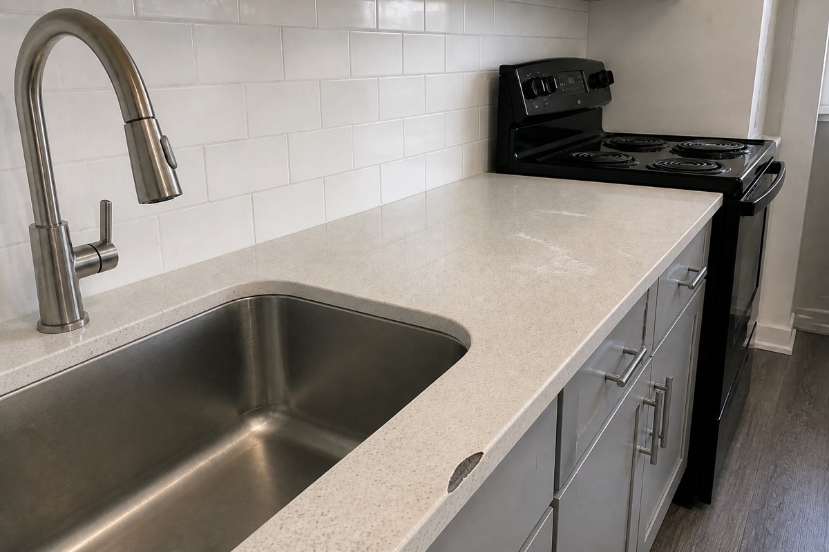 Kitchen countertop after move-out with visible damage